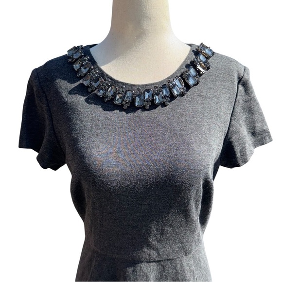 ELIZA J. Charcoal Gray Fit & Flare Mini Dress Jeweled Embellished Neckline Sz 6 - Picture 2 of 11